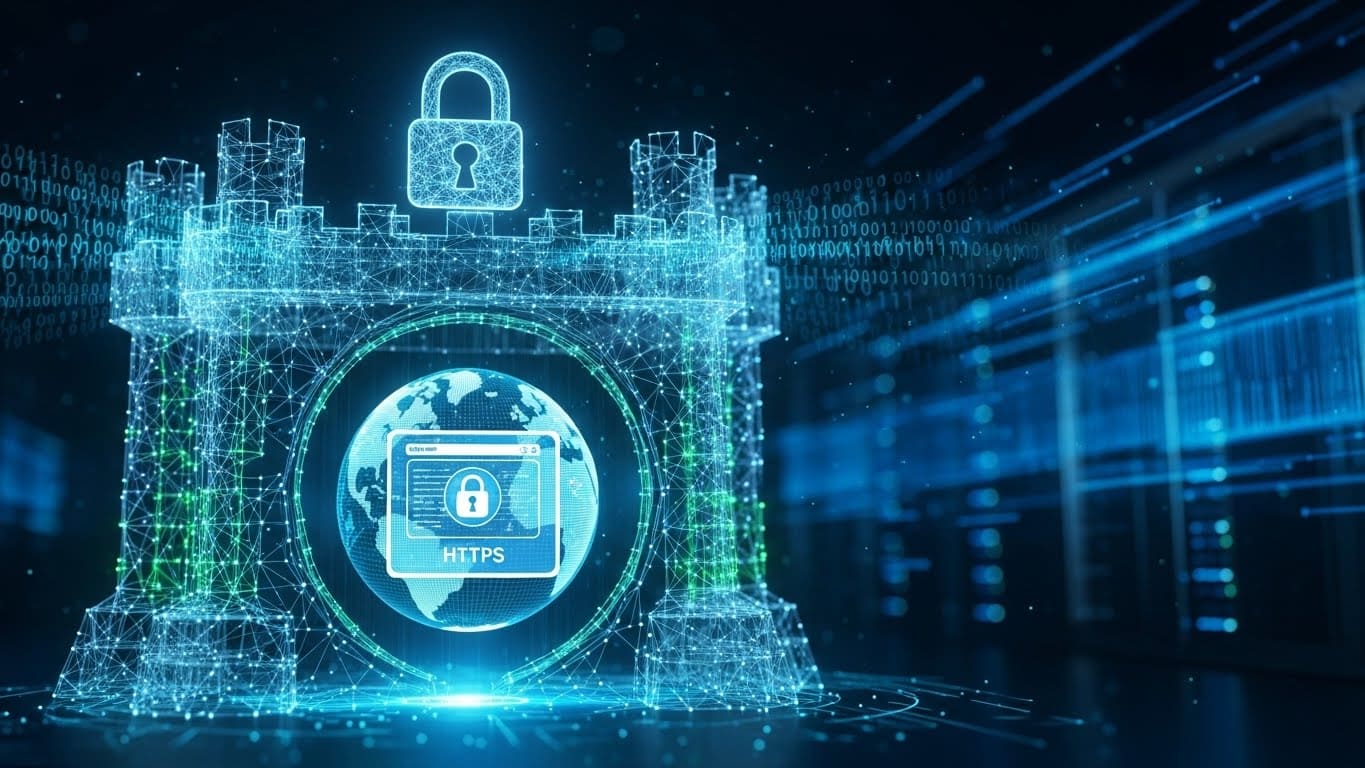 Secure web hosting setup with SSL and server illustration